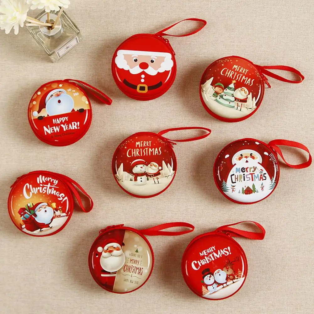 Children's Coin Purse Round Christmas Coin Pouch With Cartoon Pattern Coin Case With Lanyard For Kids Coins Cash Keys Candies