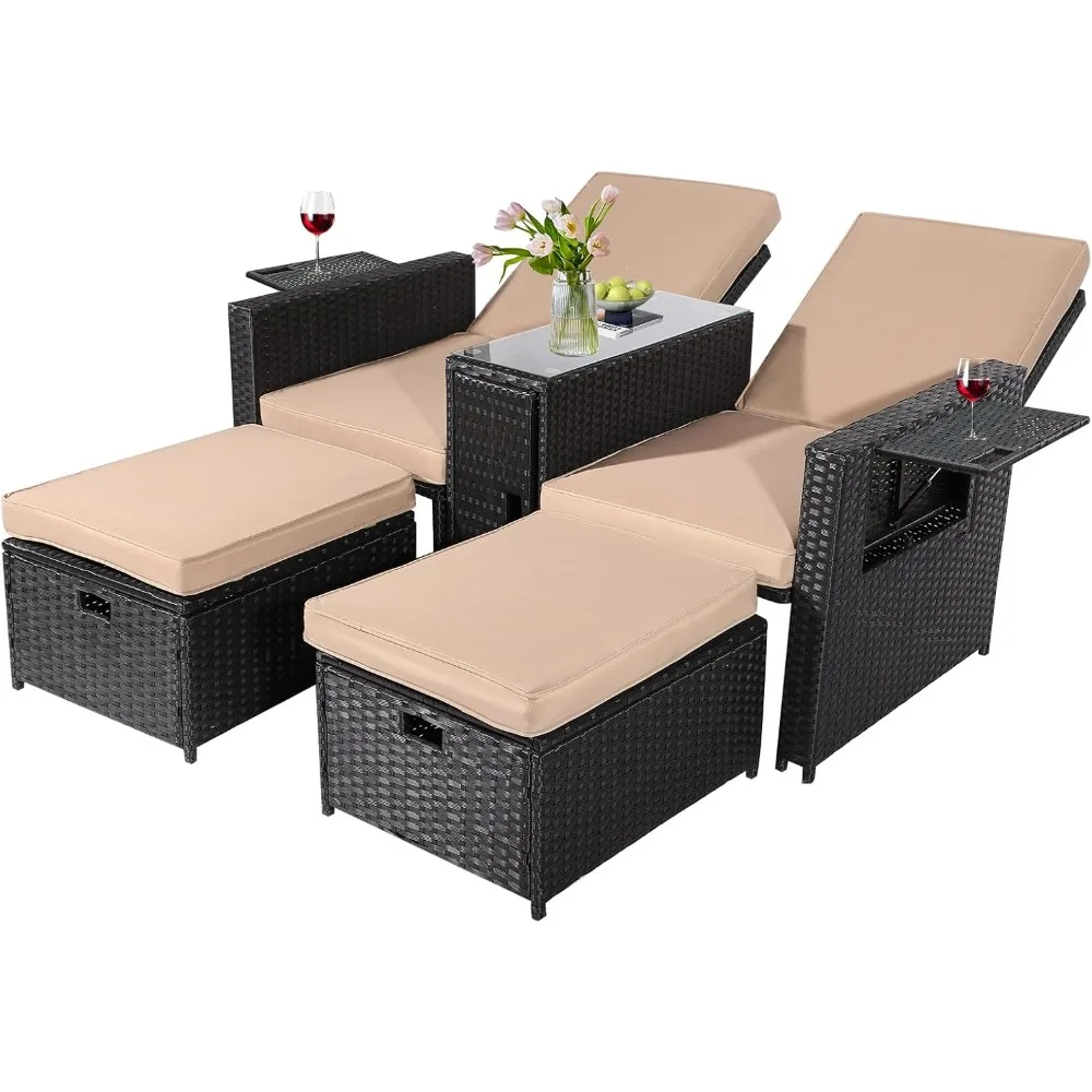 

5PCS Outdoor Wicker Chaise Lounge Chair - Rattan Adjustable Reclining Patio Lounge Chair with Ottoman and Coffee Table, for Pati