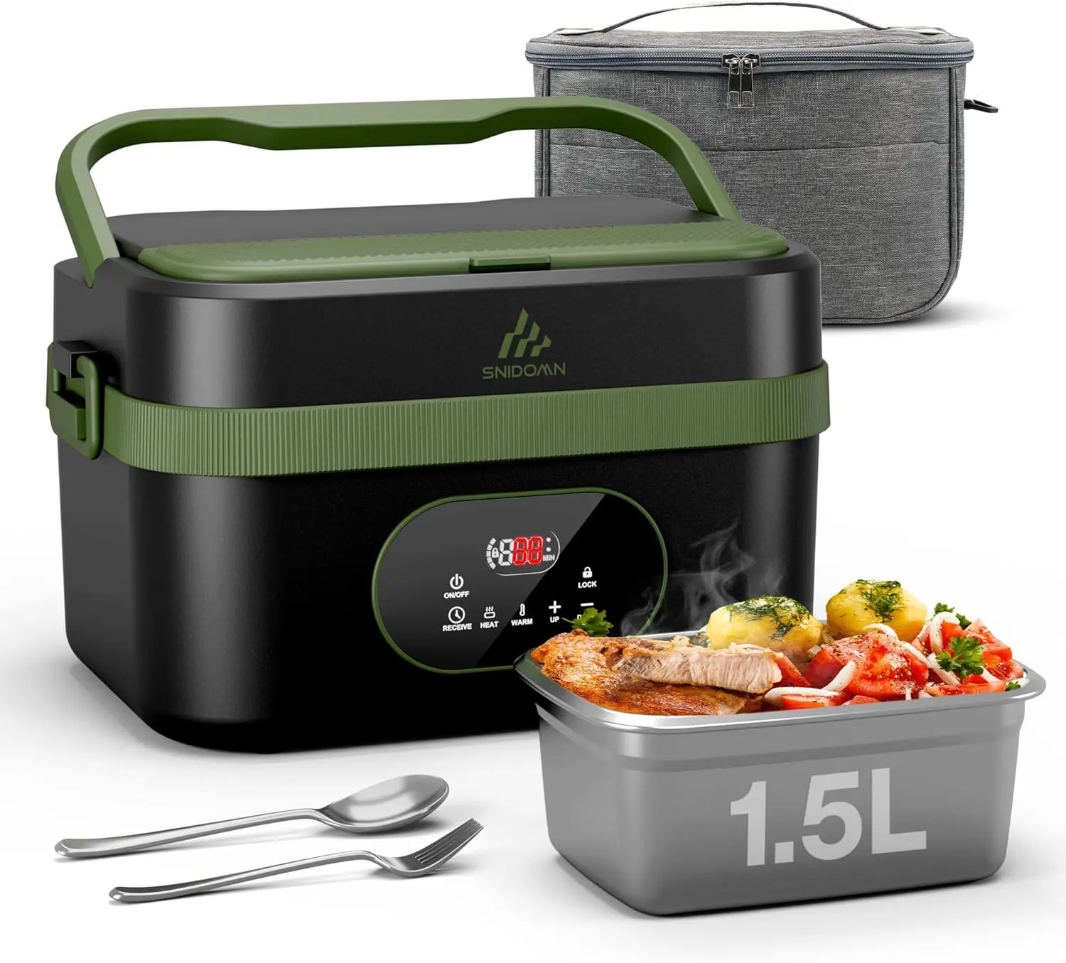 

Cordless Electric Lunch Box for Adults & Men,1.5L Heated Food Warmer with Smart Timer and Self-Heating, 8000mAh Portable