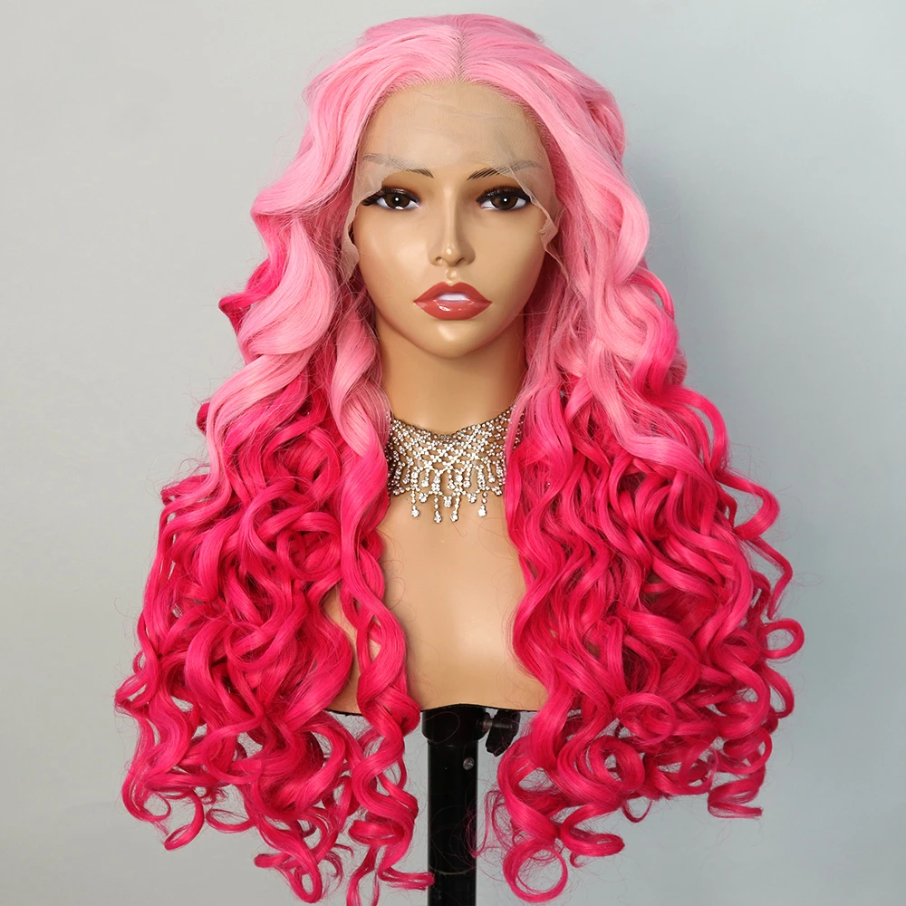 Perruque Lace Front Wig synthétique sans colle, Body Wave, couleur rose ombré, fibre haute température, pre-plucked