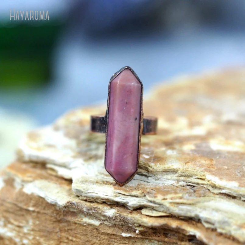 10Pcs Wholesale  Antique Bronze Color Rhodonite Double Terminated Point Hexagon Vintage Style Ring RM40999