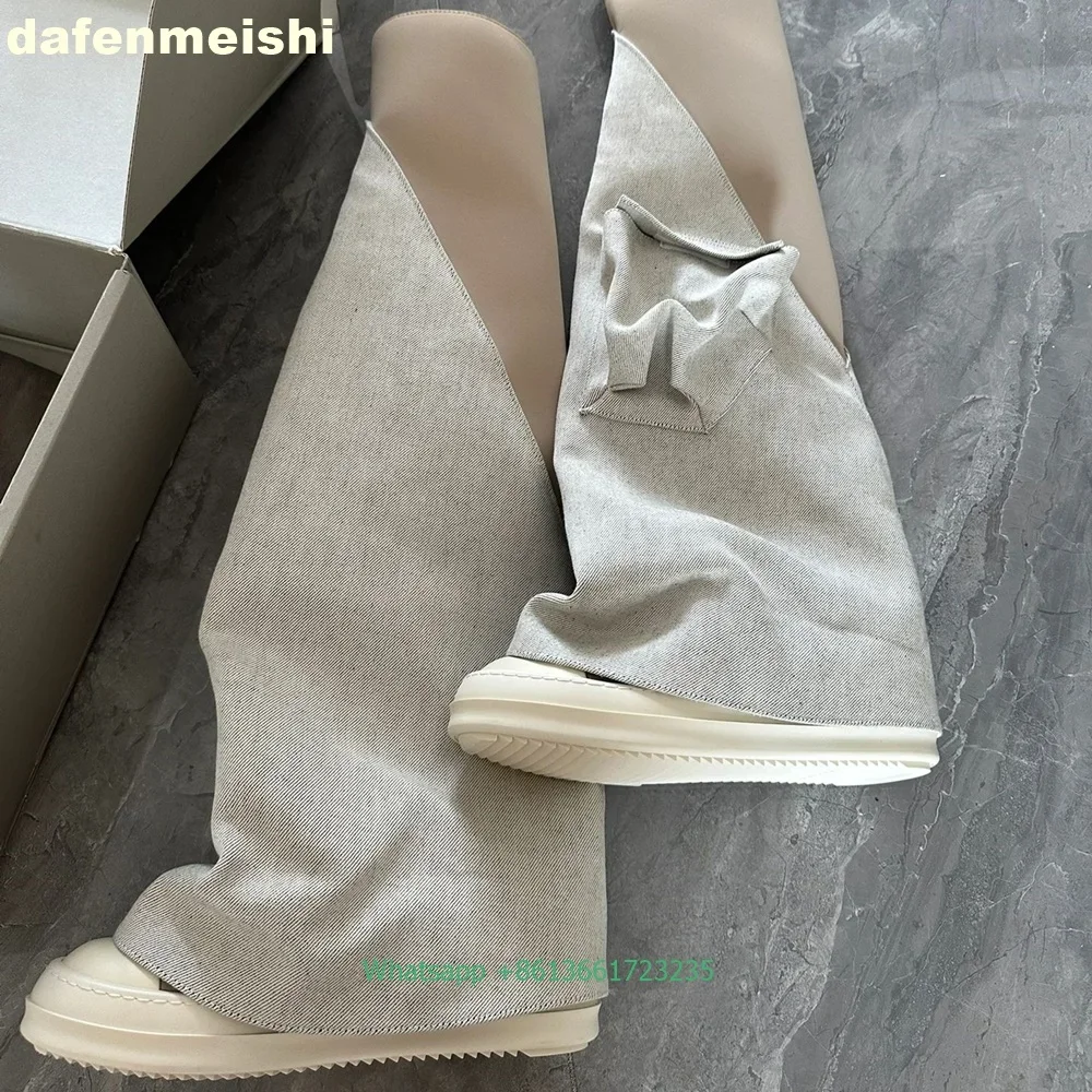 Women's Black Denim Over-The-Knee Boots Wedges Sport Style Round Toe Cowboy Trouser Boots Heightened Thick Sole Fashion Shoes