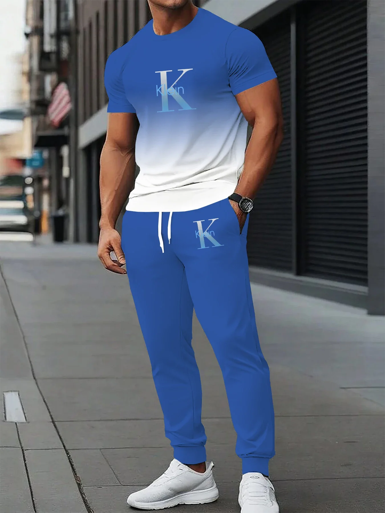 

Summer Men's Set Polyester Sports and Leisure Round Neck with Micro Elastic Knitted 2-piece Set Short Sleeve T-shirt and Shorts