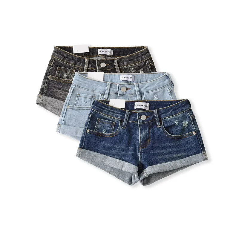 Pantaloni caldi attillati a vita bassa da donna, pantaloncini versatili elasticizzati con orlo arrotolato estivo