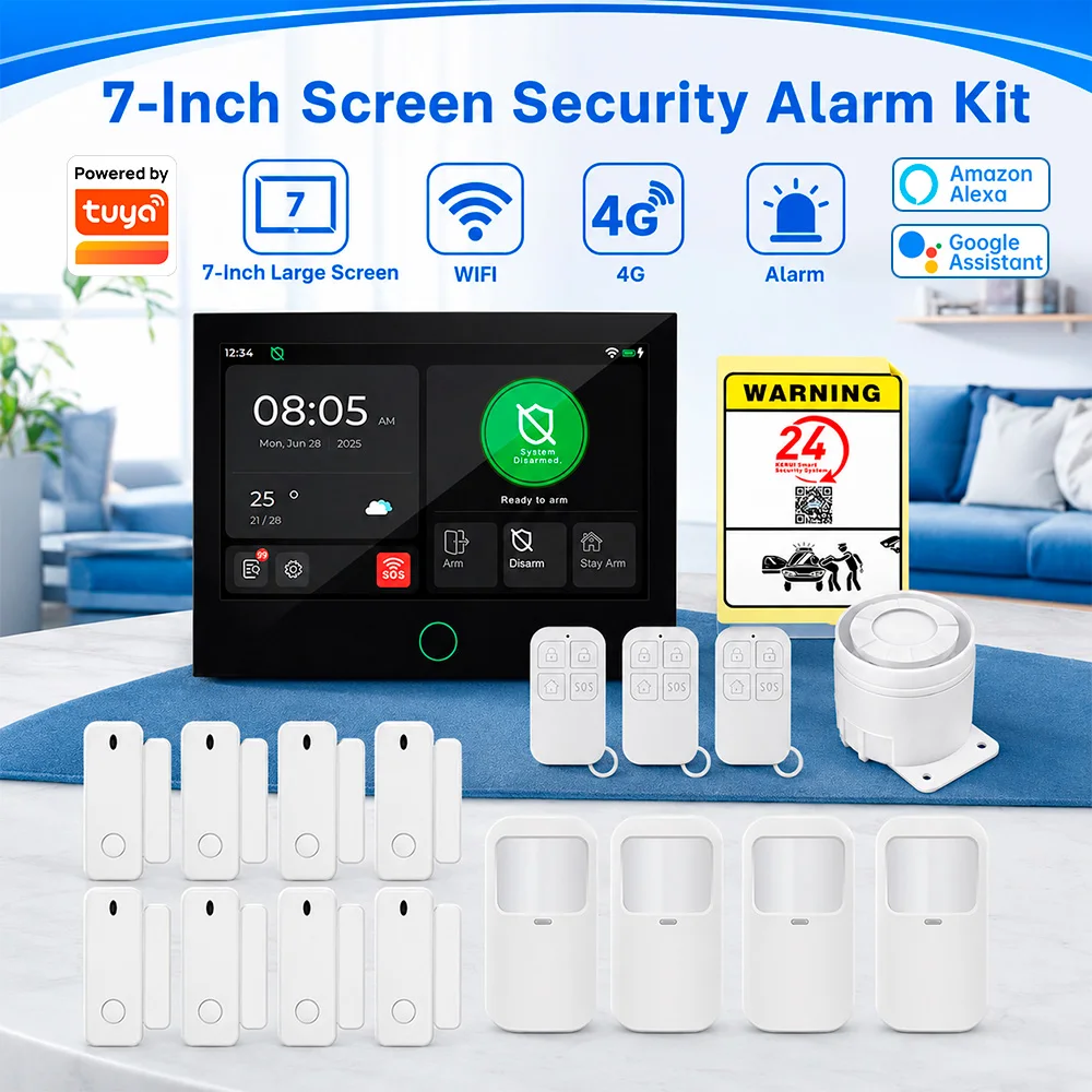 KERUI 4G Alarm System Support Alexa Google Assistant 7 inch IPS Touch Screen WiFi Home Alarm Works with Tuya Smart 433mhz
