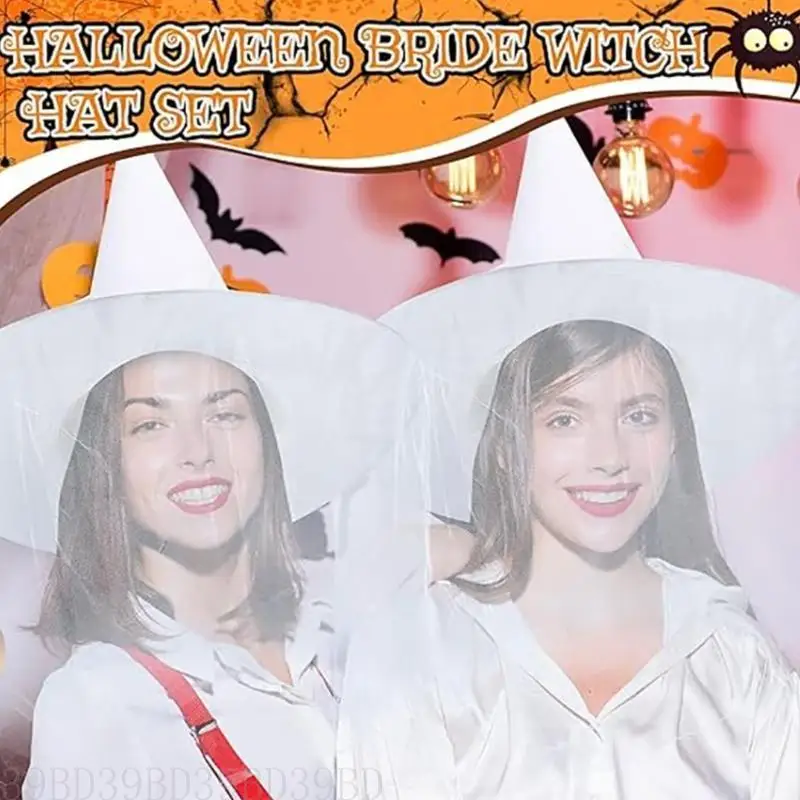 

39BD Scary Halloween Bride Witch Hat with Veil Bride Wizard Hat Costume Headwear Birthday Cosplay Headpiece Costume