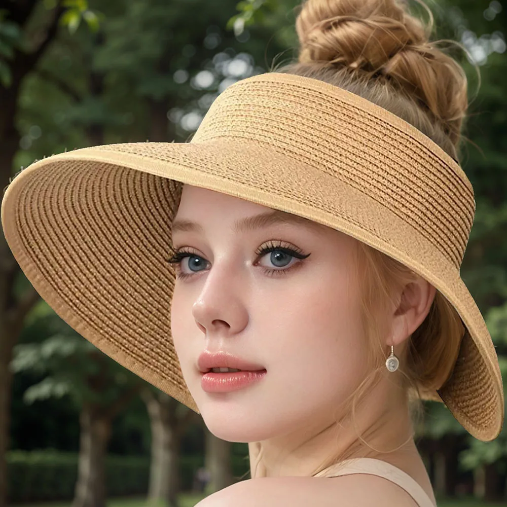 Summer Sun Hat For Women With Empty Top Large Brim Woven Straw Sun Protection Hat Fashionable Temperament Beach Straw Hat