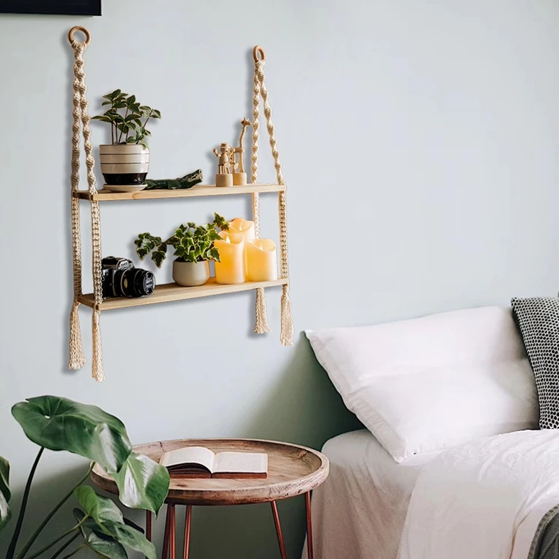 Wooden Wall Shelf Decoration Wall Mounted Shelves For Bedroom Plant Flower Wood Swing Hanging Rope Home Decoration-FS-PHFU