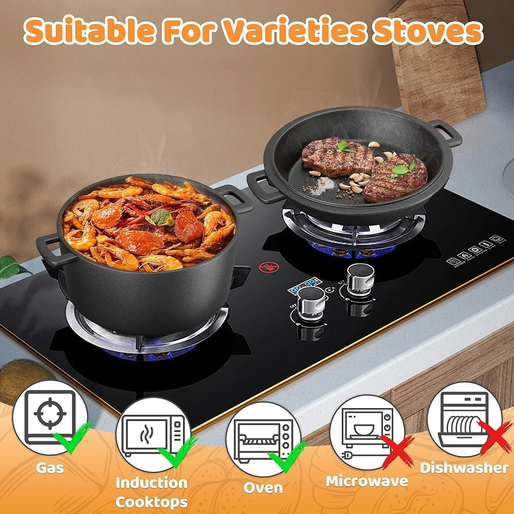 فرن هولندي من الحديد الزهر للموسم مسبقًا 5QT مع غطاء مقلاة، مستلزمات خبز العجين المخمر، حساء مثالي، الحساء، القلي المحميص