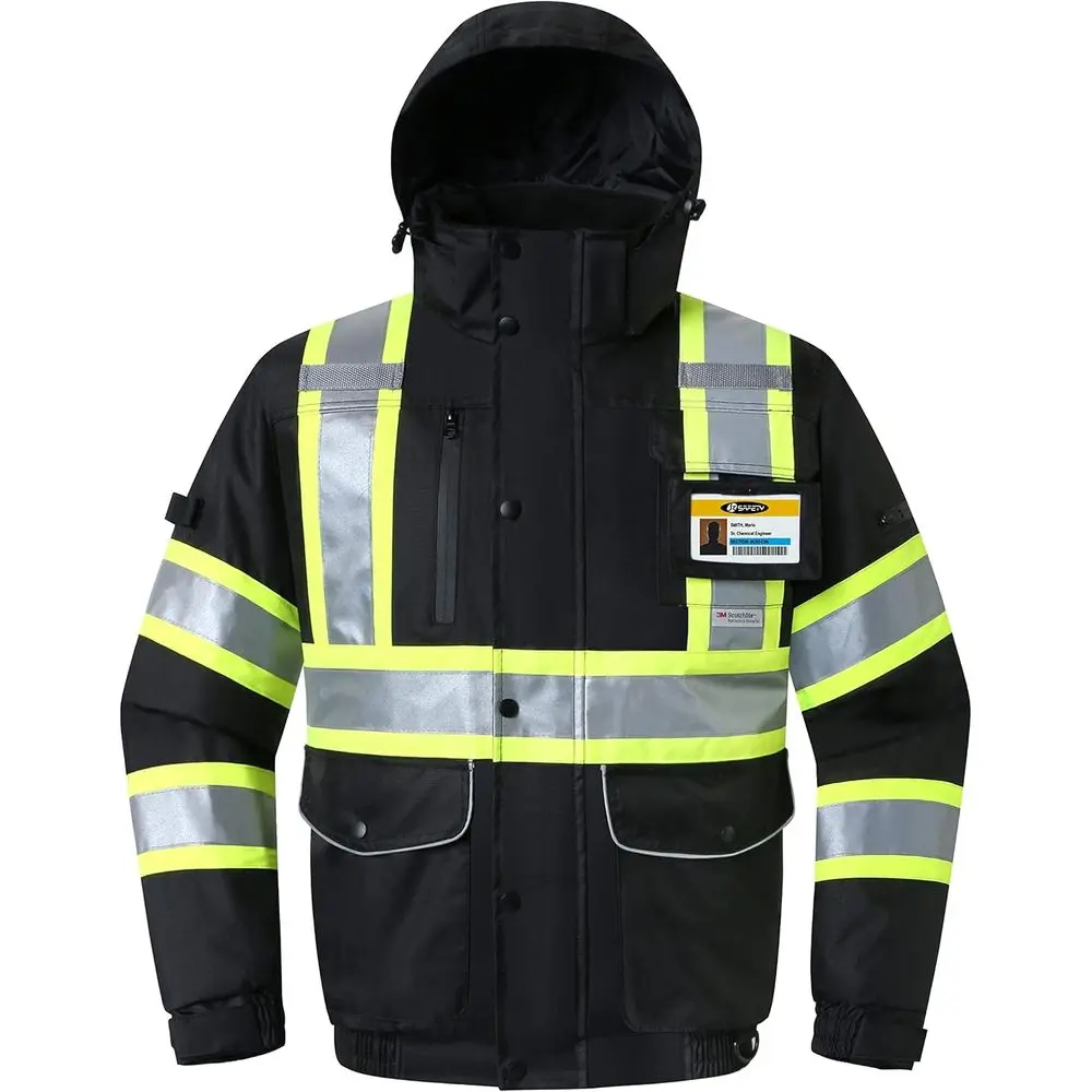 سترة منفوخة مقاومة للماء عالية الوضوح مع 10 جيوب، عاكسة 3M، غطاء رأس قابل للفصل، وجيب معرف - أسود، متوسط #1