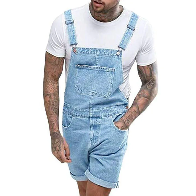 Men's Soild Denim Torn Shoulder Strap One Piece Jean Shorts