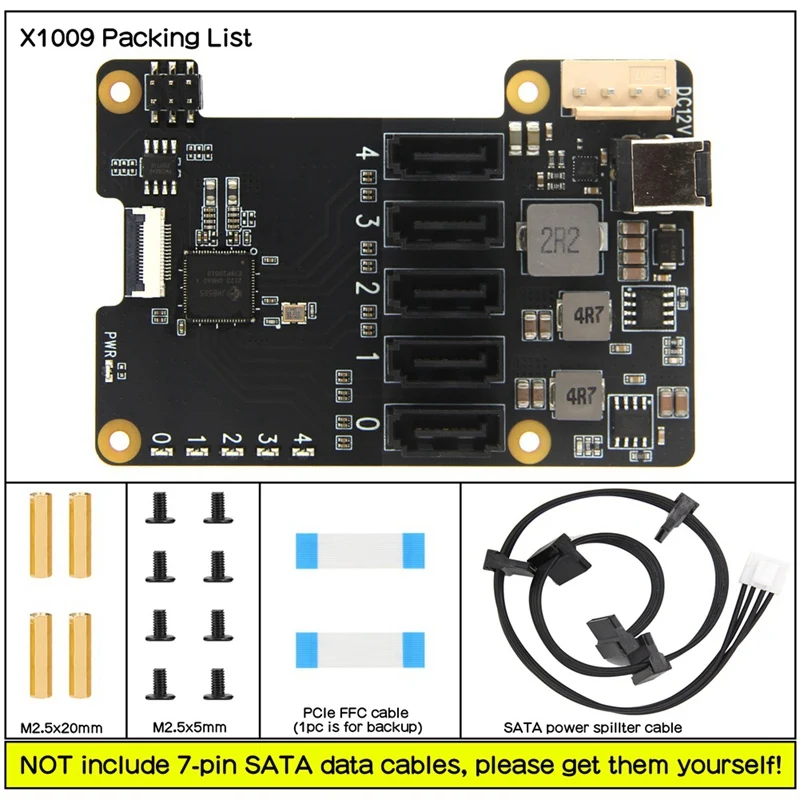 Hot X1009 PCIe to 5 Port SATA Shield with Case for Raspberry Pi 5 PCIe to 5 SATA 3.0 NOT Support Boot From HDD/SSD EU Plug