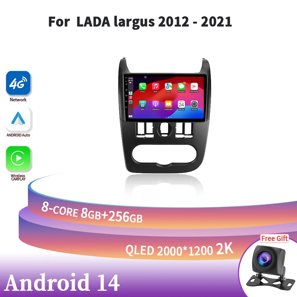 

Автомобильный радиоприемник, мультимедийная навигация Android 14 для LADA largus 2012-2021, беспроводной стерео экран Carplay, головное устройство 2DIN с 4G камерой