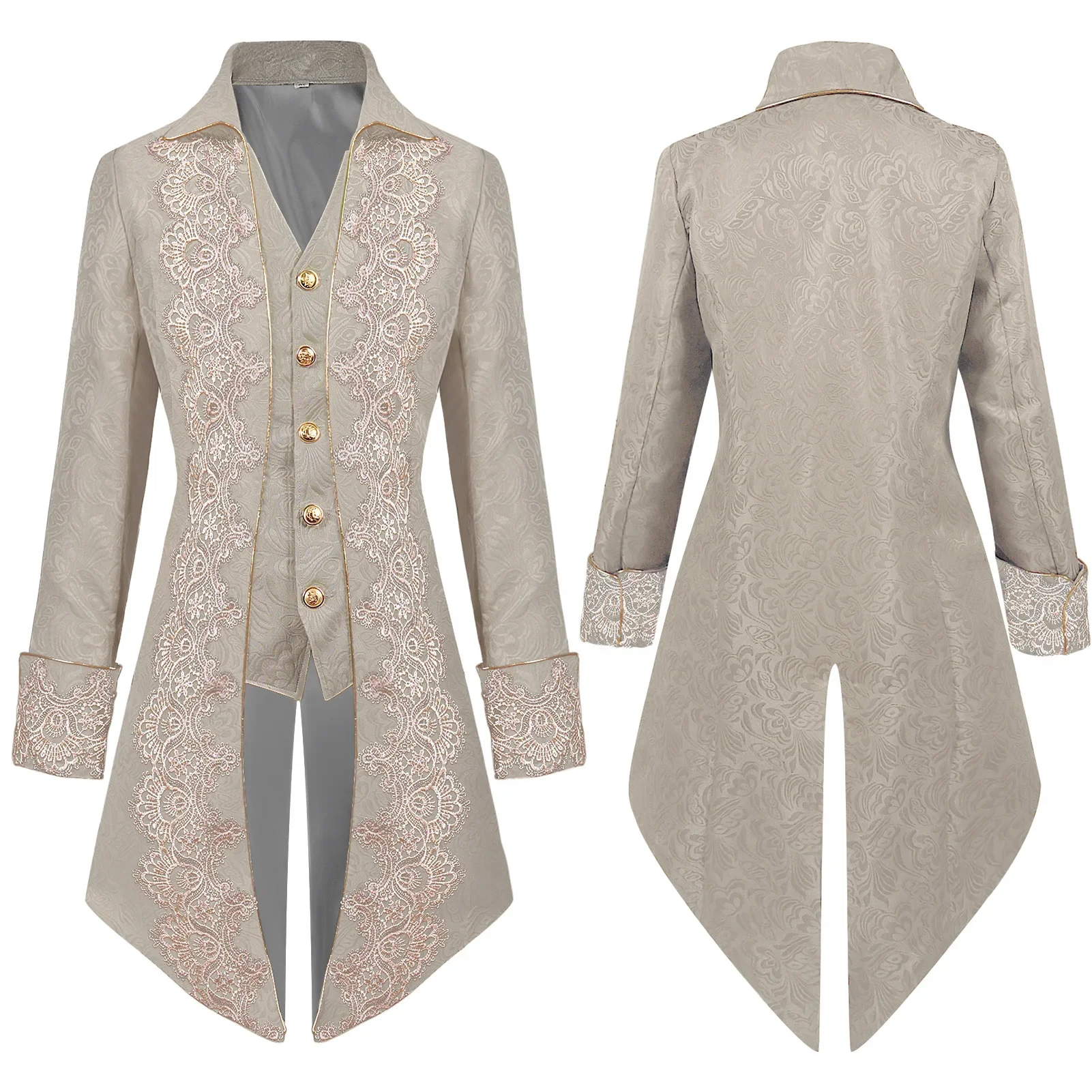 

Новая мужская куртка в стиле стимпанк в готическом викторианском стиле, винтажная золотая кружевная отделка, фрак, средневековый сюртук, униформа, костюм эпохи Возрождения Homme