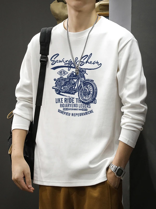 

Loose Fit Pure Cotton Casual T-irt Men's plus Size Autumn Early Heavyweight Trendy Brand Versatile Long Sve round Ne