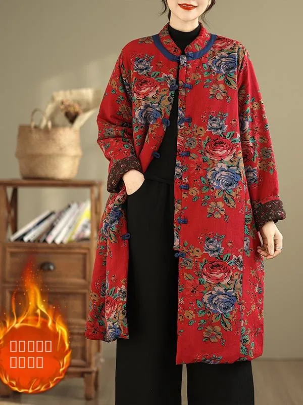 

Thiened Cotton Jaet Warm Traditional Chinese Ethnic Sle Button Mid-Length Thiened Cotton Clothes for Women Winter Wear