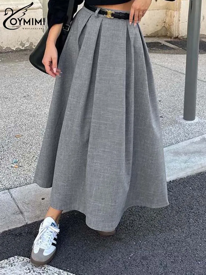Oymimi eleganckie szare luźne spódnice dla kobiet Casual plisowane spódnice z wysokim stanem moda nowe solidne spódnice do kostek Streetwear