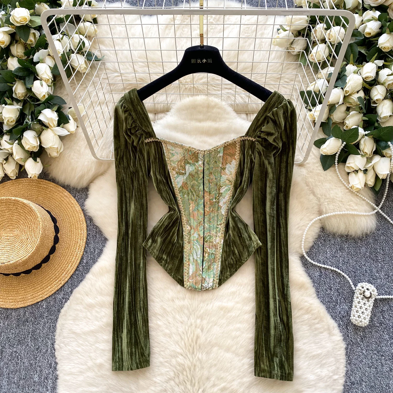 

Chic long sleeve square neck jacquard Spliced blouse Vintage Fairy Autumn korean fashion Women Clothing