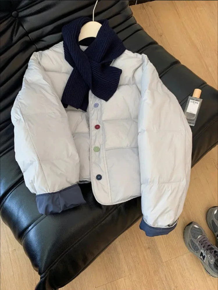Winter Warm with Scarf Parkas Women Y2K Streetwear Loose Single Breasted Crop Puffer Jacket Korean O Neck Fluffy Down Coats New