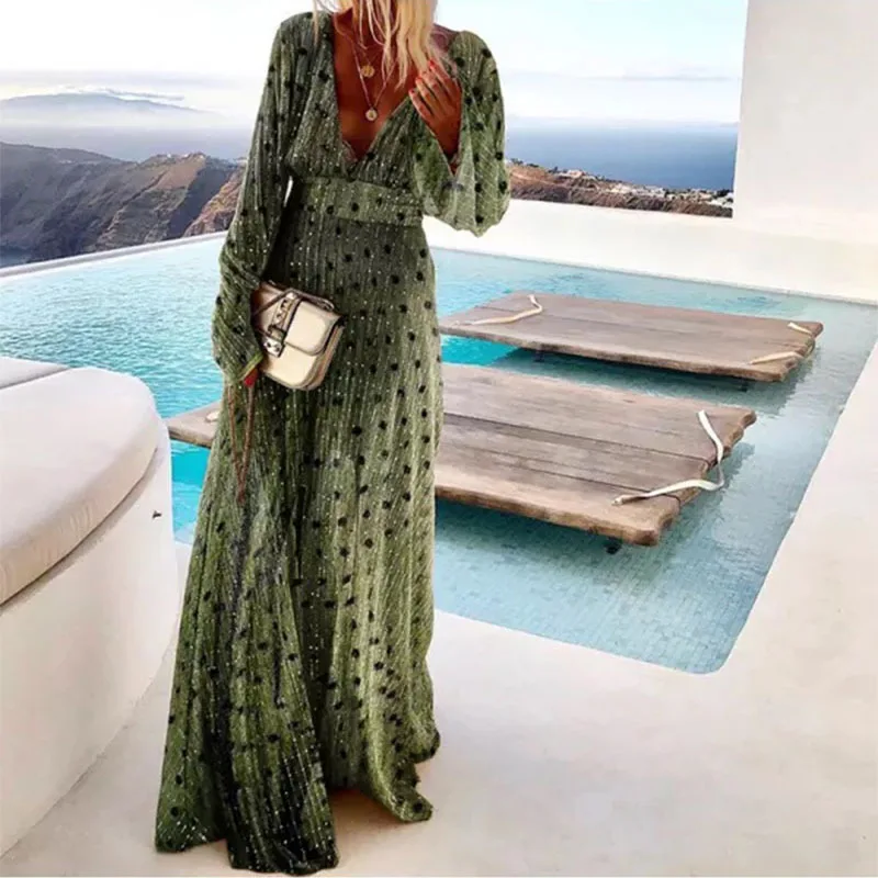 

SKMY 2026 Women's Clothing New Long Sleeve Dress Green Gradient Pokal Dot Printed Fashion Deep V-Neck Large Swing Dress