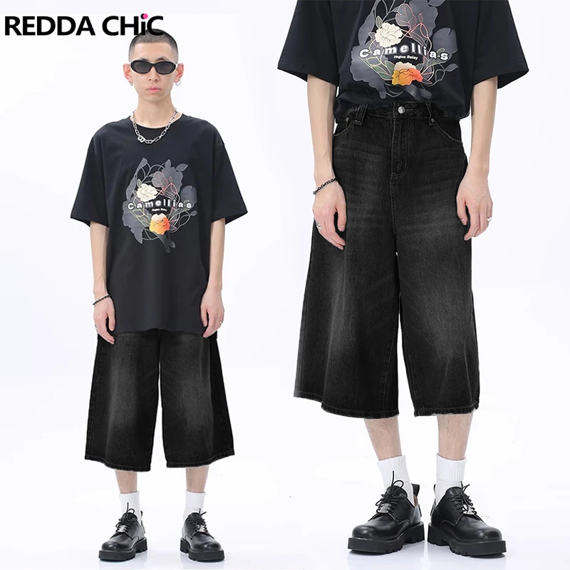 REDDACHIC Hiphop Men Whiskers Denim Shorts Baggy Jorts Retro Black Wash Brushed Loose Casual Wide Leg Short Pants Y2k Streetwear