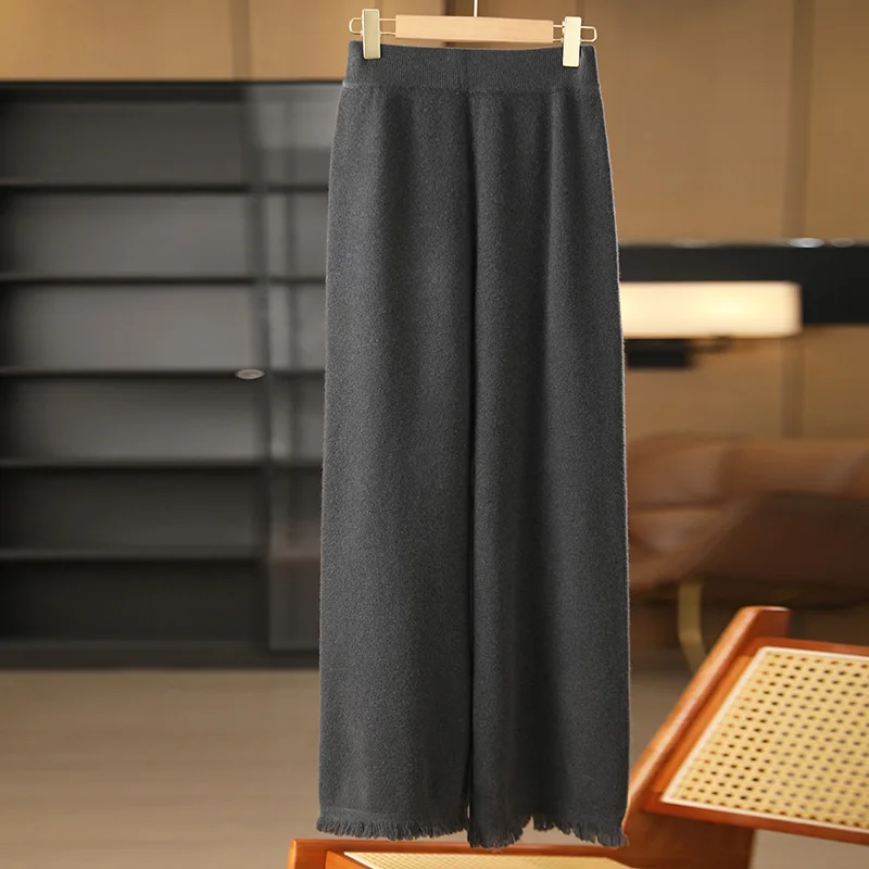 

Women Cashmere Pants Basic Casual Tassels Wide Leg Pants Autumn Winter 100% Merino Wool Knitwear Soft Korean Popular Trousers
