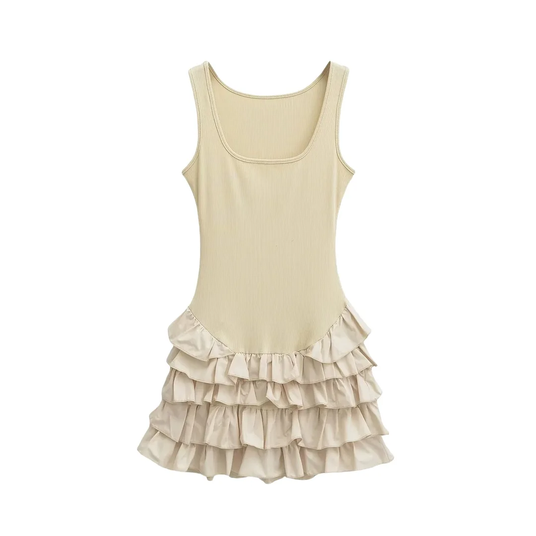 

Women Sleeveless Ditty Wop Ruffle Mini Dress Beige