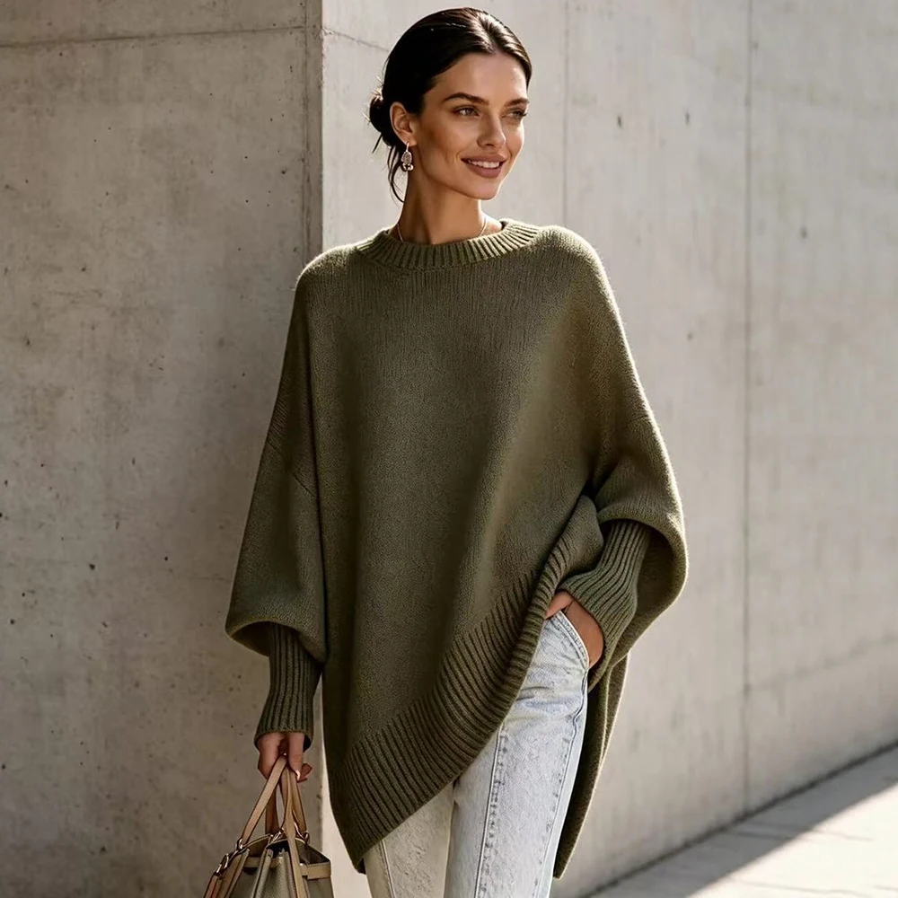 Autumn and Winter New 100% Cotton Women's Sweater Casual Color blocked Knitted Round Neck Pullover Loose Fashion Women's Top