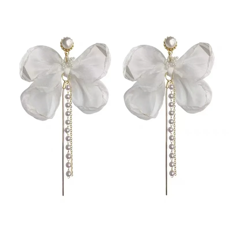 White Bow Earrings ~ Long Pearl Tassel Earrings Female Ins Retro Hong Kong Style Luxury Earrings Earclip