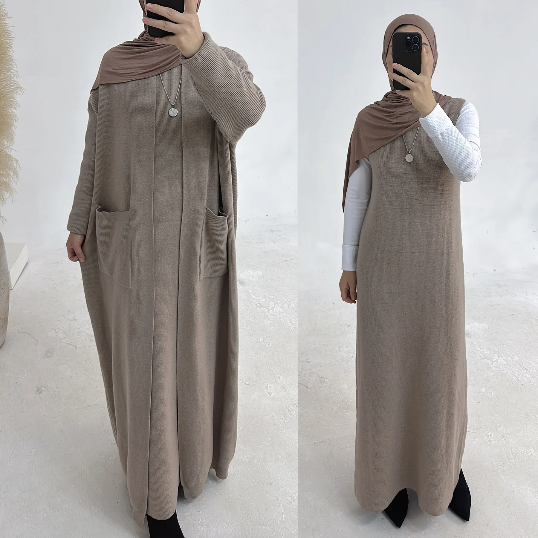 Abaya abierta de punto para invierno, conjunto de 2 piezas, Kimono + vestido sin mangas, conjuntos musulmanes, Abayas cálidas para mujer, trajes islámicos de lujo de Dubái