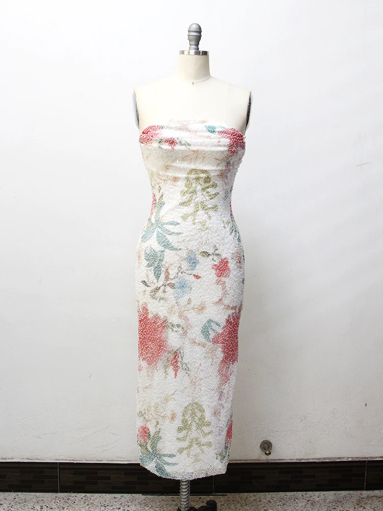 

Elegant Plant Flower Print Midi Dress With Sequin Bead Strapless Dress With Silicone Anti-Slip Strips For Wedding, Party, Annive