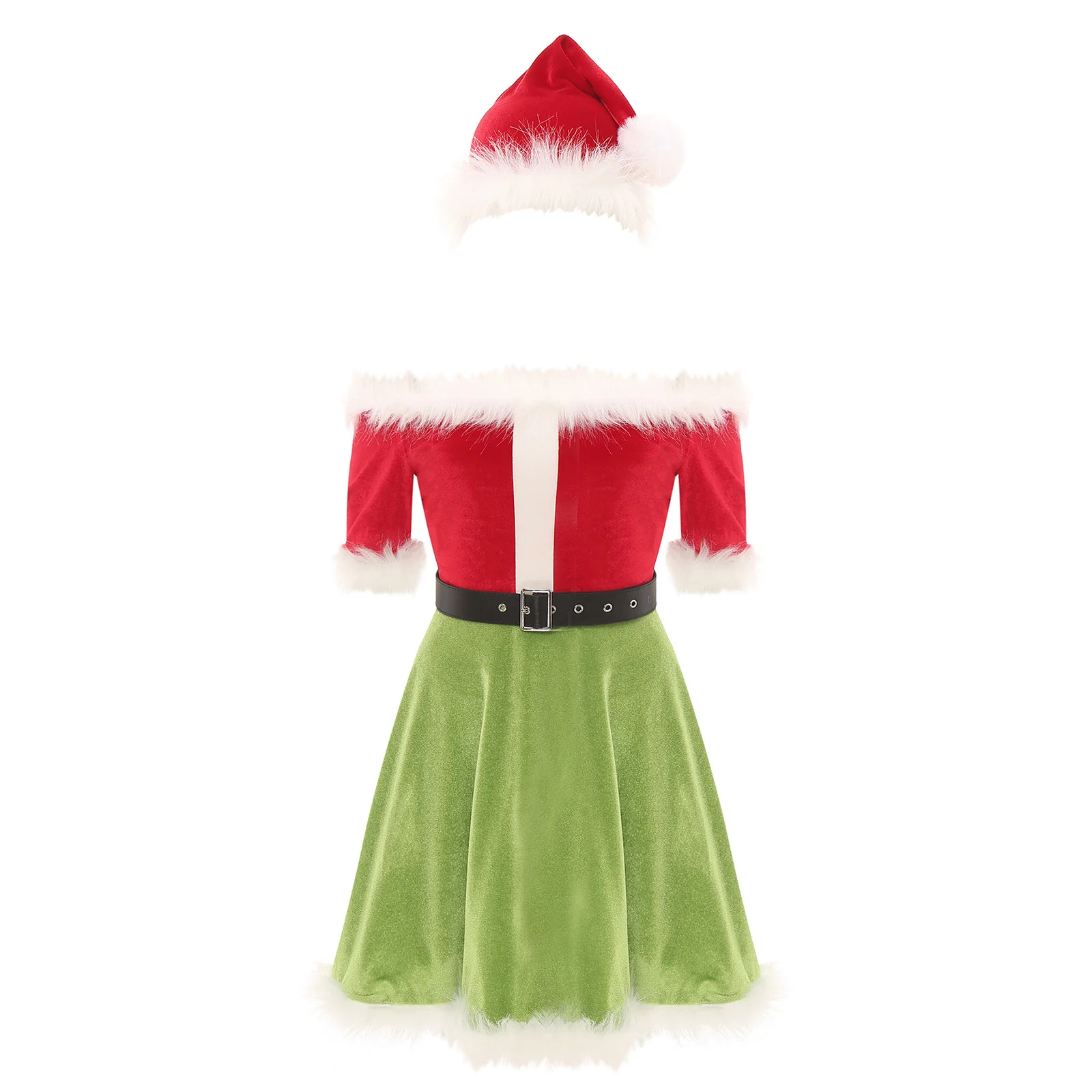 Women Christmas Santa Claus Velvet Dress Cold Shoulder Faux Fur Fluff Dress with Hat Mrs. Claus Elf Xmas Holiday Party Costume