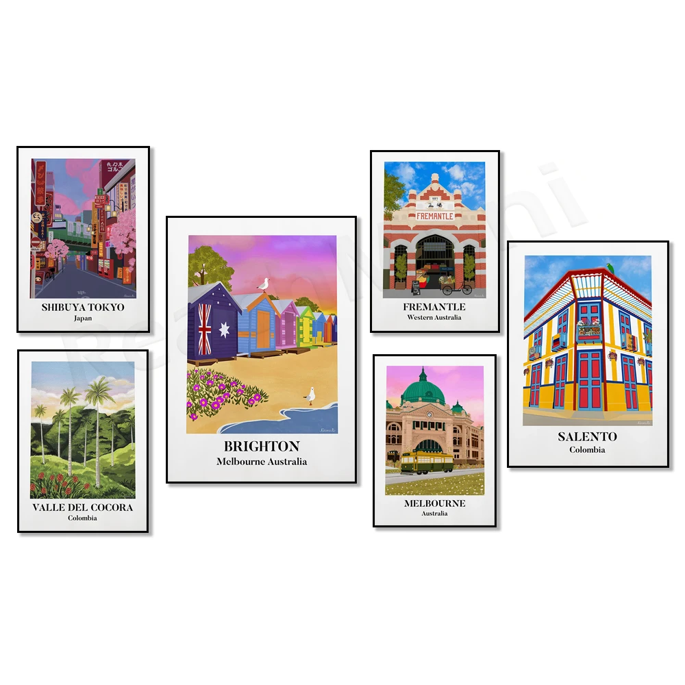 Fremantle Market Western Australia, Royal Botanic Gardens Victoria, Blue Mountains NSW, туристический постер Brighton Beach Melbourne