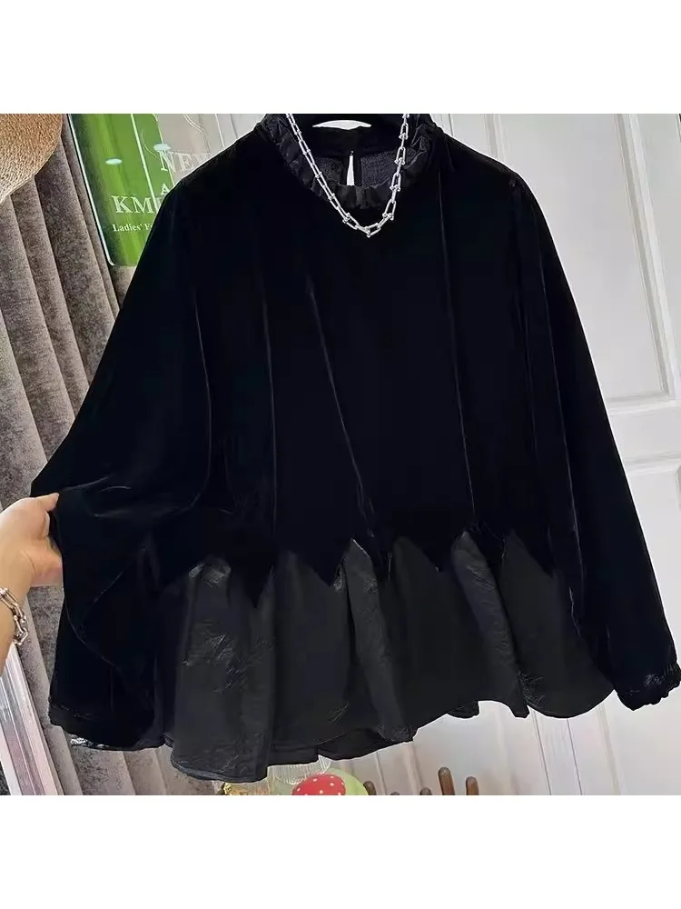 

plus Size Velvet Patchwork Pleated Hem irt round Ne ex Casual Sle Long Sve Spring Faion Basic Color Full Range...
