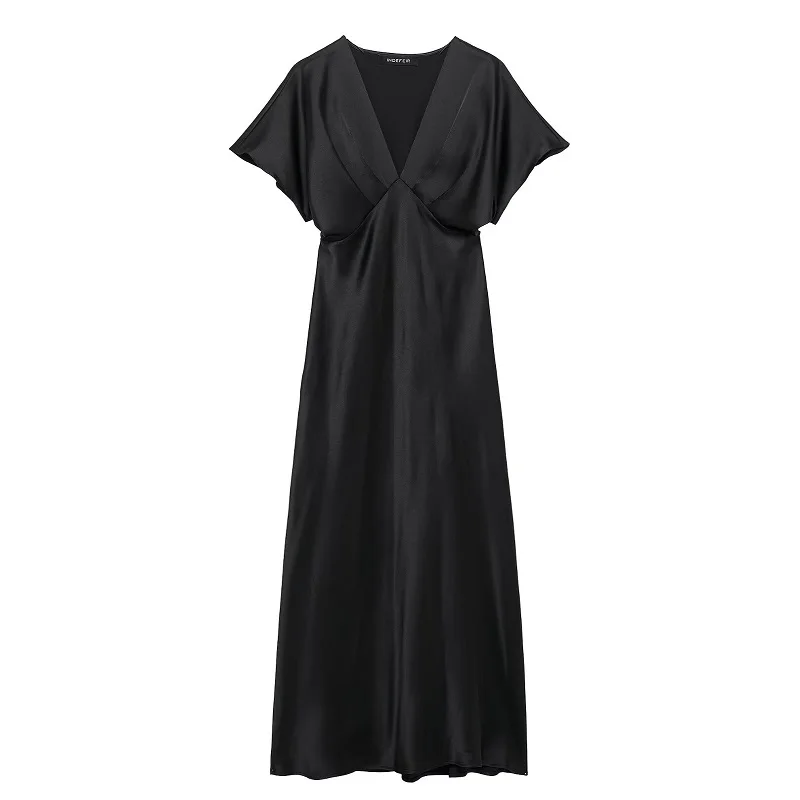 MUJER 2025 Satin Long Dress Woman Black Draped Midi Dresses for Women Elegant Party Women Dresses Short Sleeve Chic Female Dress