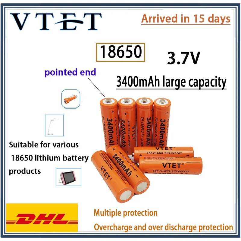 

VTET 18650 lithium-ion rechargeable 3.7V 3400mAh flashlight and large capacity fan battery, reusable, stable performance