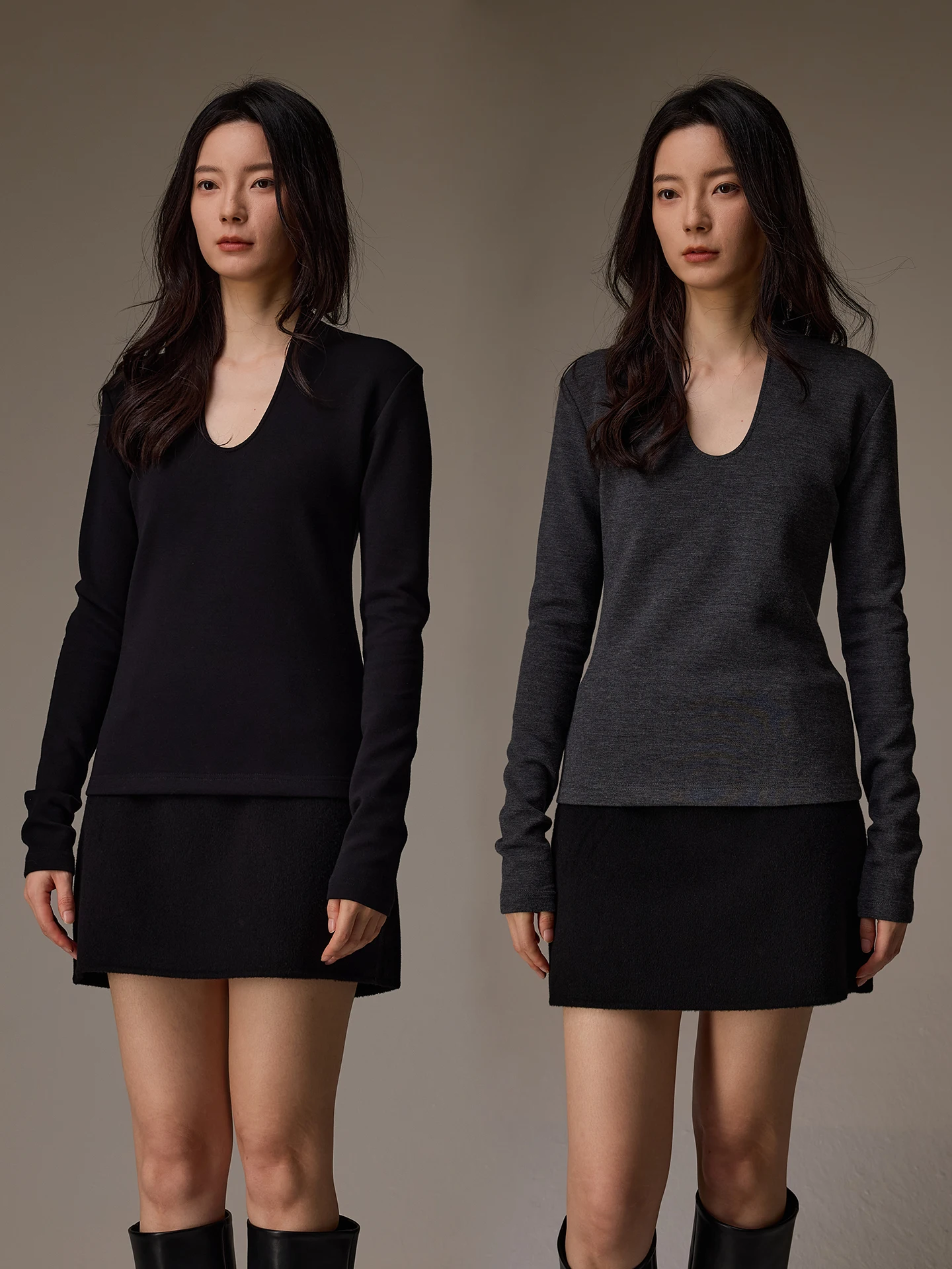 

INOUT Q2025 Women's Slim Fit Knitted Base Layer Top Long Sve Deep U Ne Stand Collar Autumn Winter Faion Soft Wool Blend