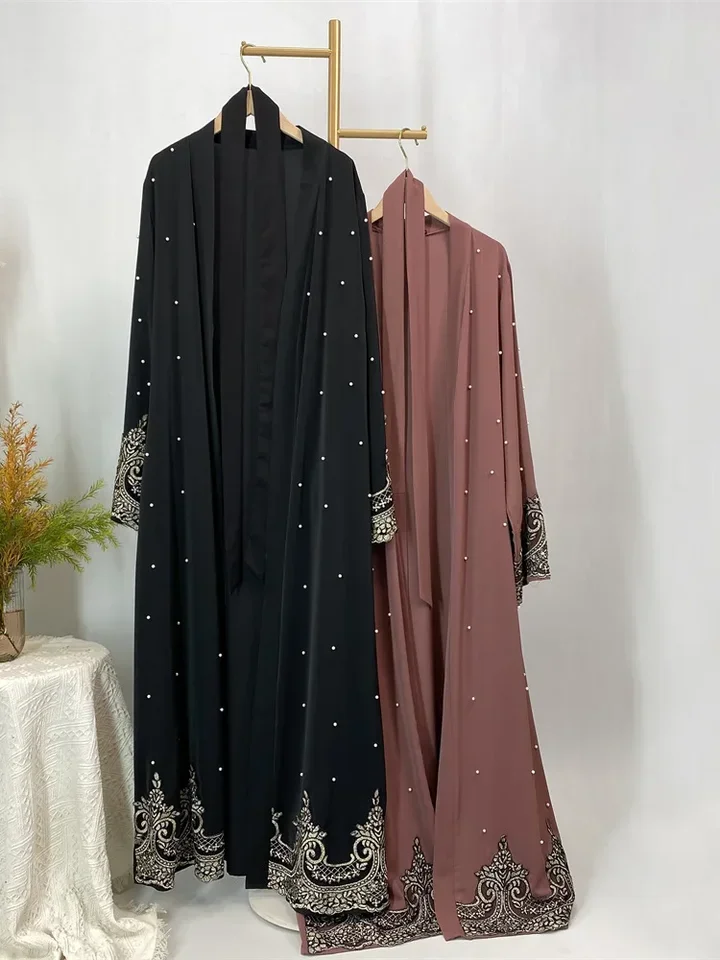 رمضان جلابية أزياء إسلامية عباية نسائية مفتوحة دانتيل مع لؤلؤ ملابس فساتين إسلامية للنساء نيدا عيد قفطان مغربي #6