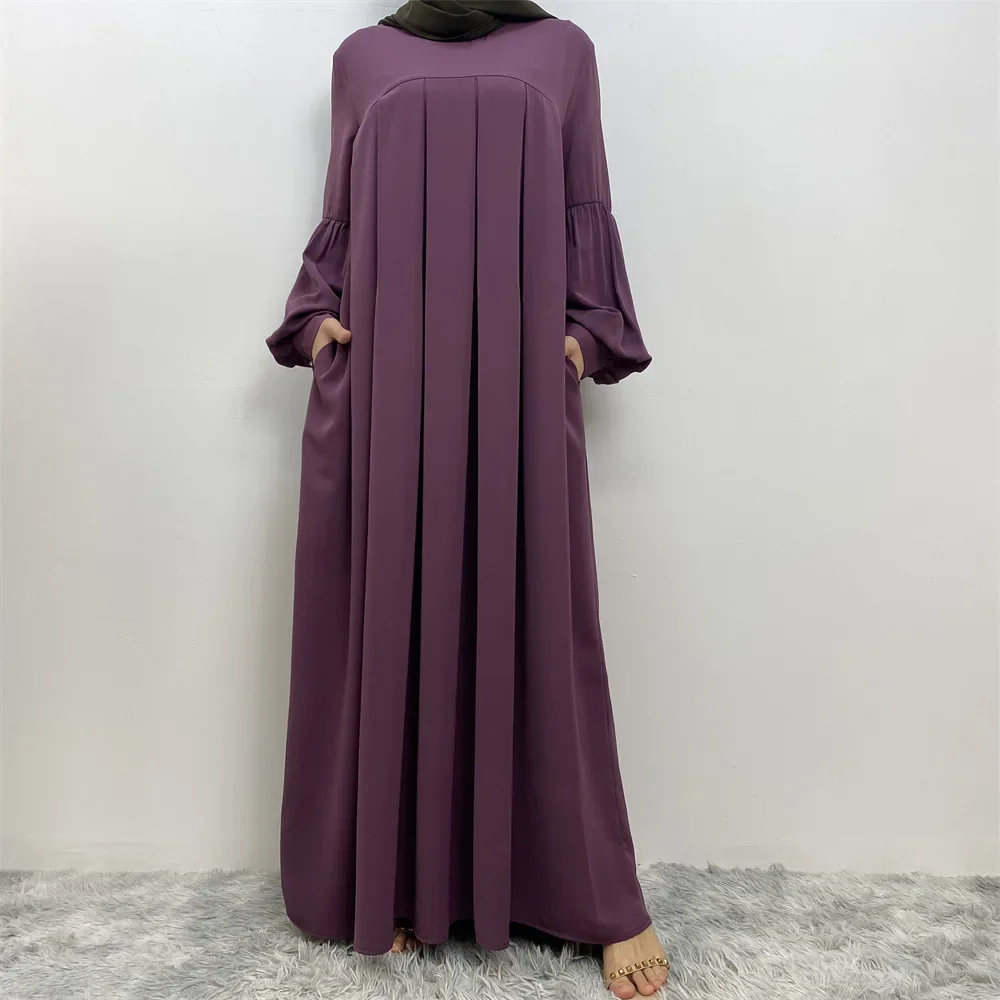 Fashion Pleated Abaya Dubai Turkish Lantern Sleeve Kaftan Hijab Dress Round Collar Solid Color Ramadan Robe Muslim Women Wear