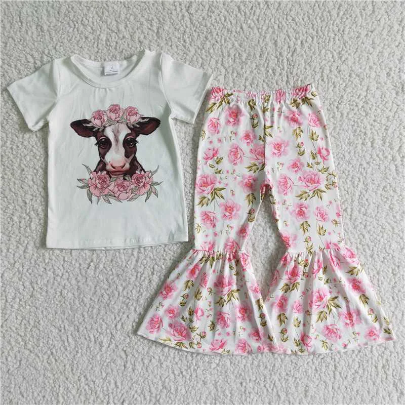 

New Spring Summer Kids Girl Hot Sale bull's head print floral Flare Pants Wholesale fashion Design Boutique Outfits