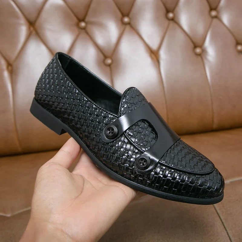 New Black Double Buckle Monk Shoes for Men Brown Slip-On Solid Round Toe Loafers Handmade Dress Shoes