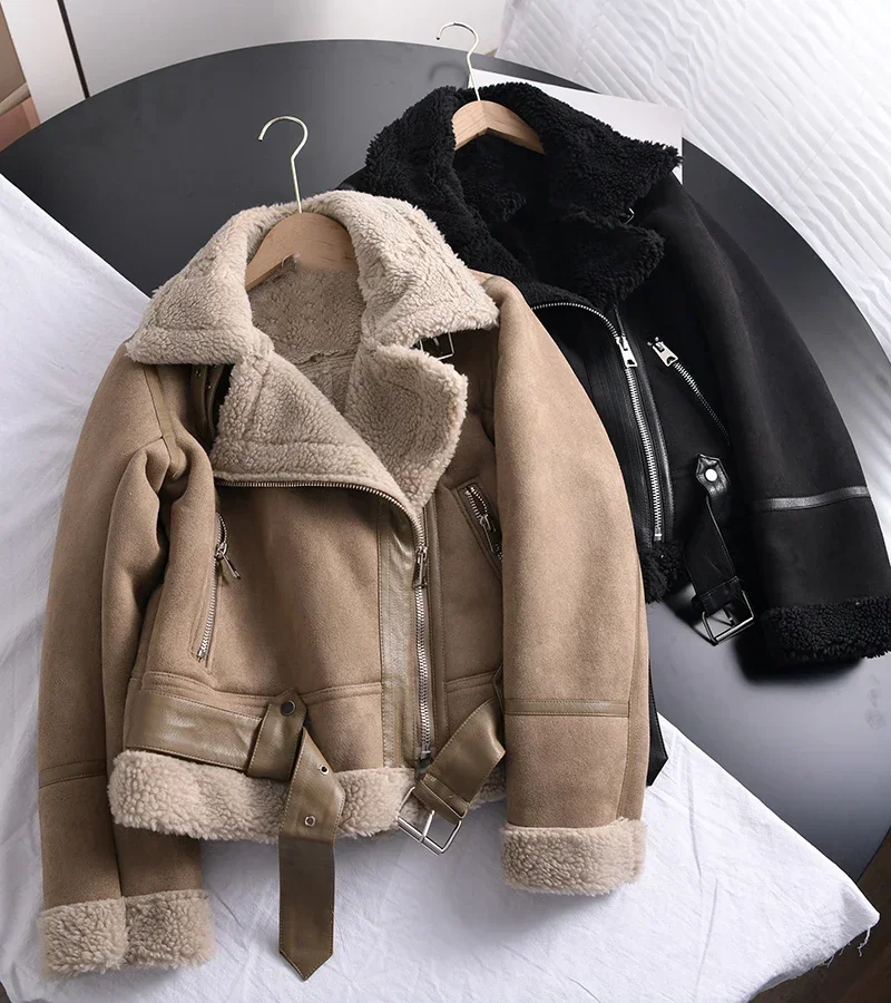 Winter Women Thick Warm Suede Lamb Jacket Short Motorcycle Brown Coats Faux Shearling Sheepskin Leather Jackets Outwear