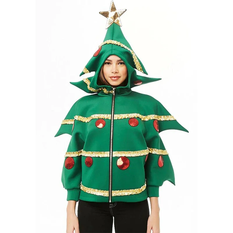 سويت شيرت نسائي بقلنسوة على شكل شجرة عيد الميلاد مع زخرفة ذهبية وحلي حمراء للحفلات الاحتفالية، سويت شيرت بقلنسوة بسحاب للعطلات