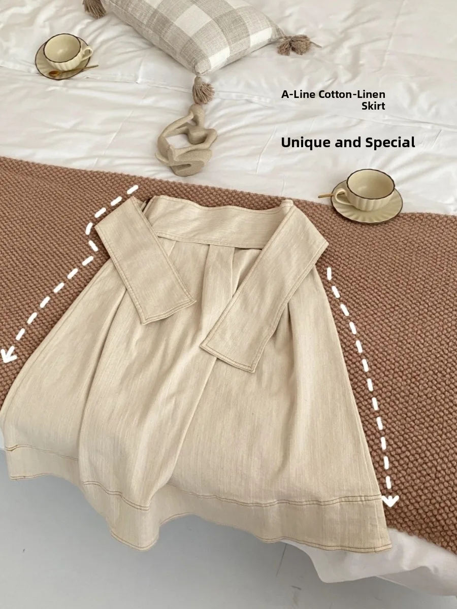 덩덩 고급 텍스처 00% 코튼 린넨 양면 착용 가능한 예술적 스타일 하프 스커트 여성용 프리미엄 퀄리티 패셔너블 미니 스커트