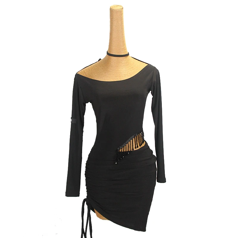 New Black Latin Dance Practice Dress For Women Long Sleeves Fringe Drawstring Dress Adult Rumba Samba Dance Clothing DNV19888