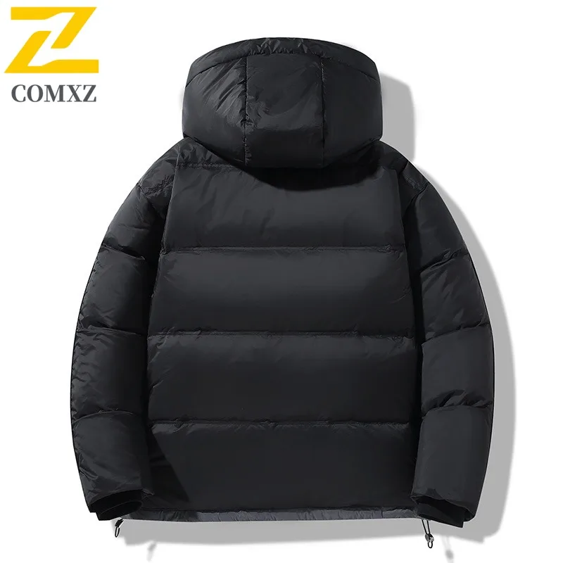 COMXZ 2025 Autumn Winter Thermal Down Coat Men Hooded Short Style Trend Down Jacket Wear White Duck Down Top Men Cold Proof Suit