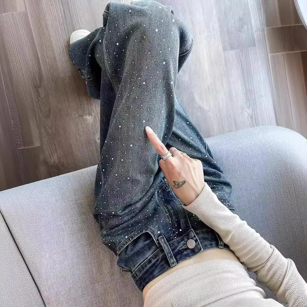 Sparkle Rhinestone Wide Leg Jeans High Waist Loose Straight Denim Pants, Designer High Street Baggy Trousers for Trendy Ladies
