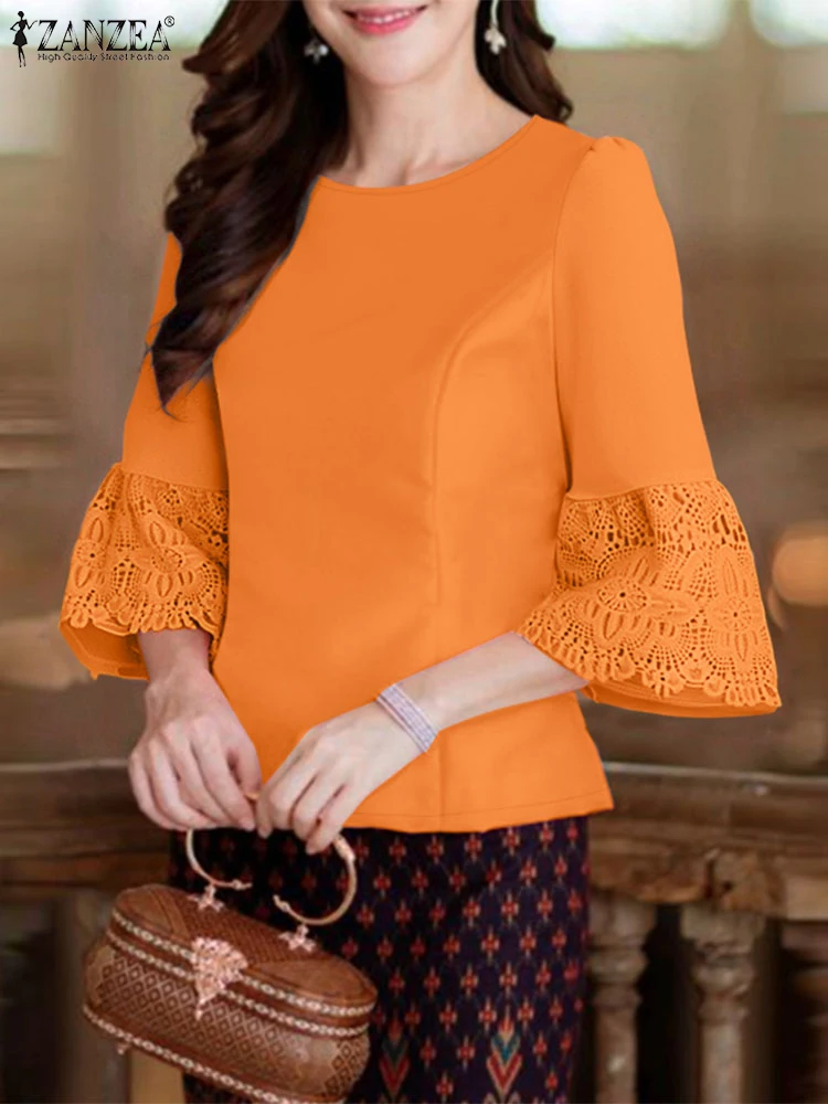 ZANZEA Casual O-คอเสื้อสตรี 3/4 Flare Sleeve GracefulเงาซาตินBlusas Mujer Slim-Fitลูกไม้Patchworkเสื้อElegant