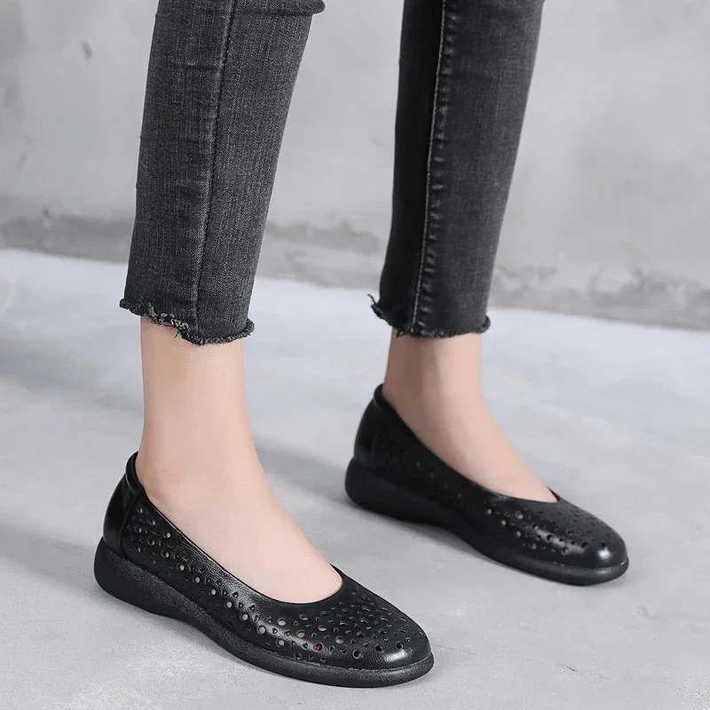 New Spring Summer Retro Women Flats Casual Pointed Toe Genuine Leather Slip-on Hollow Clogs Woman Shoes mary jane shoes