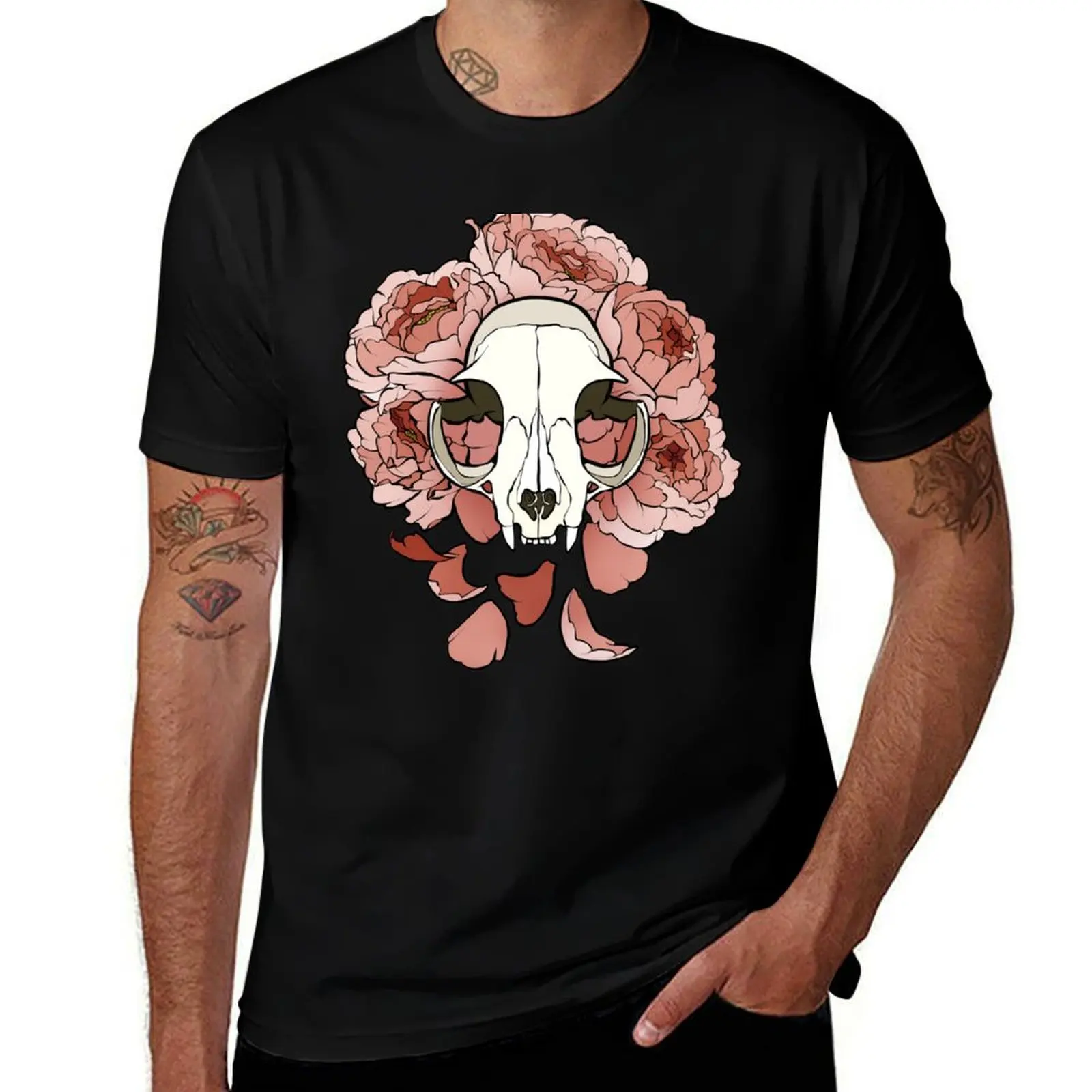Cat and peonies- pink T-Shirt t shirts with prints T-Shirt